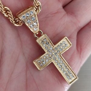 ✝️ 18K Gold Plated Cross Pendant & 30" Rope Chain Necklace 🙏-#15